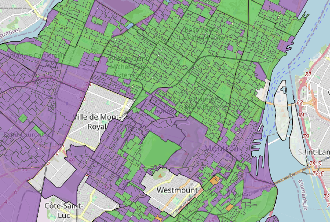 Carte des résultats de l’élection à Montréal par section de vote