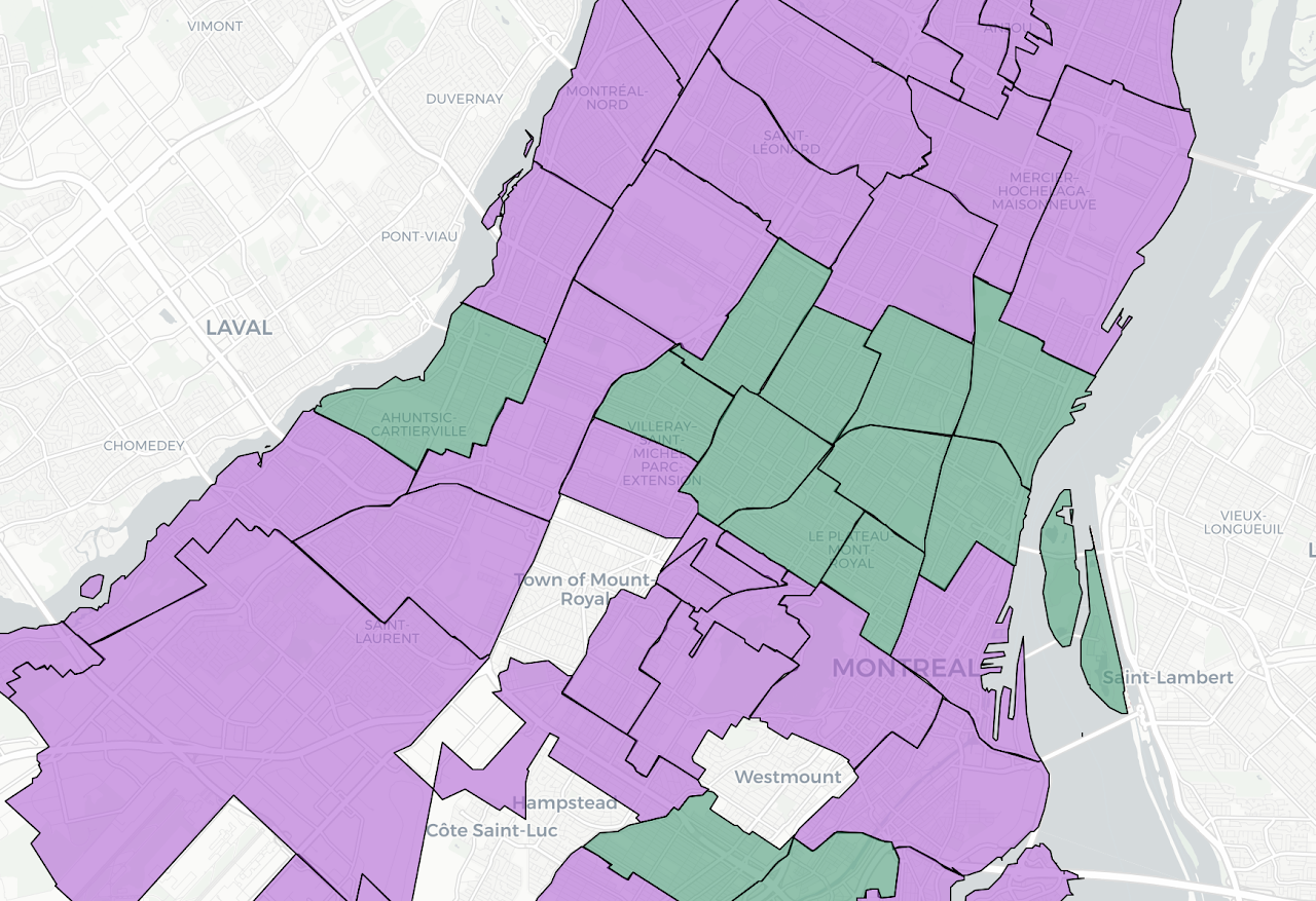 Carte des résultats à la mairie de Montréal par section de vote